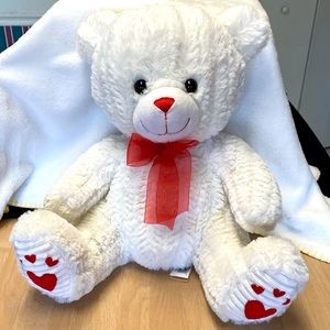 Dan Dee Collectors 15” White Plush Teddy Bear w/ Red Hearts Both Feet & Red Bow
